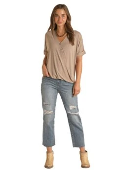 'Panhandle Slim' Women's Solid Surplice Foldover Top - Tan